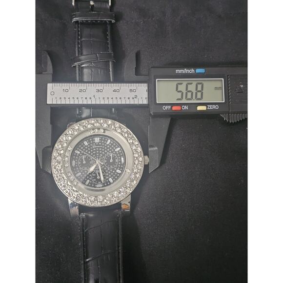 56.8mm silver crystal bezel Fashion Analog Quartz watch w/Genuine Leather Band main image 3